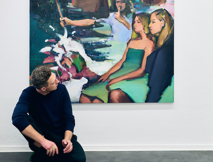Andrius Zakarauskas 3 Andrius Zakarauskas in front of Prophet, 2017, Oil on canvas, 160 x 145 cm at Magic Beans Gallery, photo credit- Martin Peterdamm