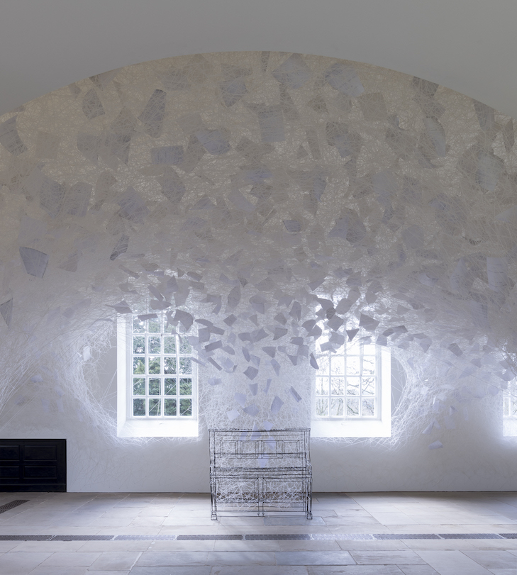 Chiharu Shiota 8 Beyond Time, 2018 | Installation: metal frame piano, white wool, note sheets | Yorkshire Sculpture Park, Wakefield / UK Photo by Jonty Wilde; courtesy of Yorkshire Sculpture Park Copyright VG Bild-Kunst, Bonn, 2019 and the artist