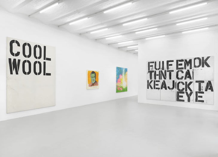 installation view majerus wool warhol…“cold beer” the “smudge tool” and other short stories Michel Majerus Estate, Berlin, 2019 © Michel Majerus Estate, 2019, courtesy neugerriemschneider, Berlin © Christopher Wool © 2019 The Andy Warhol Foundation for the Visual Arts, Inc. / Licensed by Artists Rights Society (ARS), New York Photo: Jens Ziehe, Berlin