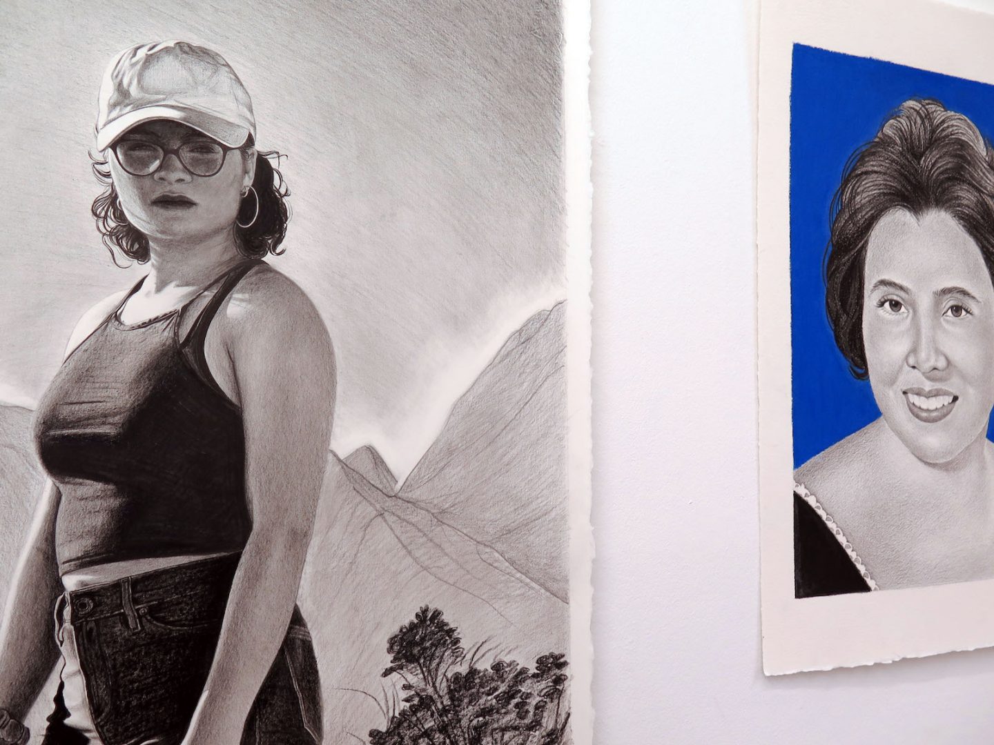 Marianna Olague 7 Marianna Olague, Close-up studio wall at Künstlerhaus Bethanien: En Medio, 2019, Graphite, ink, and colored pencil on paper, 30 x 22 in | Maria, 2019, Graphite ink and acrylic on paper, 22 x 15 in