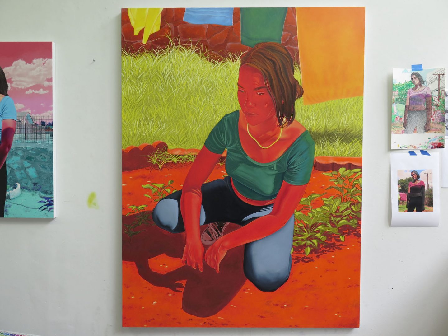 Marianna Olague 10 Marianna Olague, studio wall featuring the painting “In the Weeds” | In the Weeds, 2019 Oil on canvas, 72 x 54 in