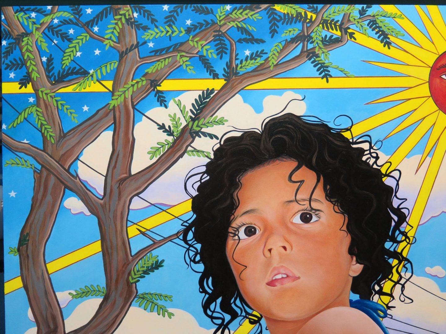 Marianna Olague 4 Marianna Olague, Close-up of of Hija del sol, 2018, Acrylic and oil on wood panel, 30 x 24 in