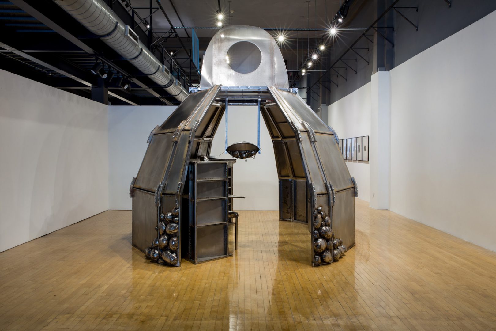 BEATRIZ CORTEZ 5 Beatriz Cortez, The Memory Insertion Capsule, 2017. Steel, archival materials on video loop. Installation view at UCR Arts, Riverside. Courtesy of the artist and Commonwealth and Council. Photo: Nikaly Maslov.