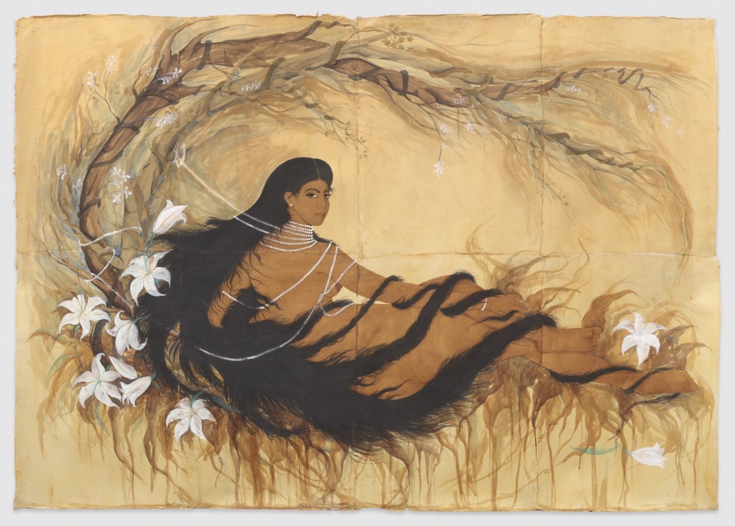 Self Portrait as the great Odalisque, 2016, tea, watercolor and ink on indian paper Hiba Schahbaz, Self Portrait as the great Odalisque, 2016, tea, watercolor and ink on indian paper