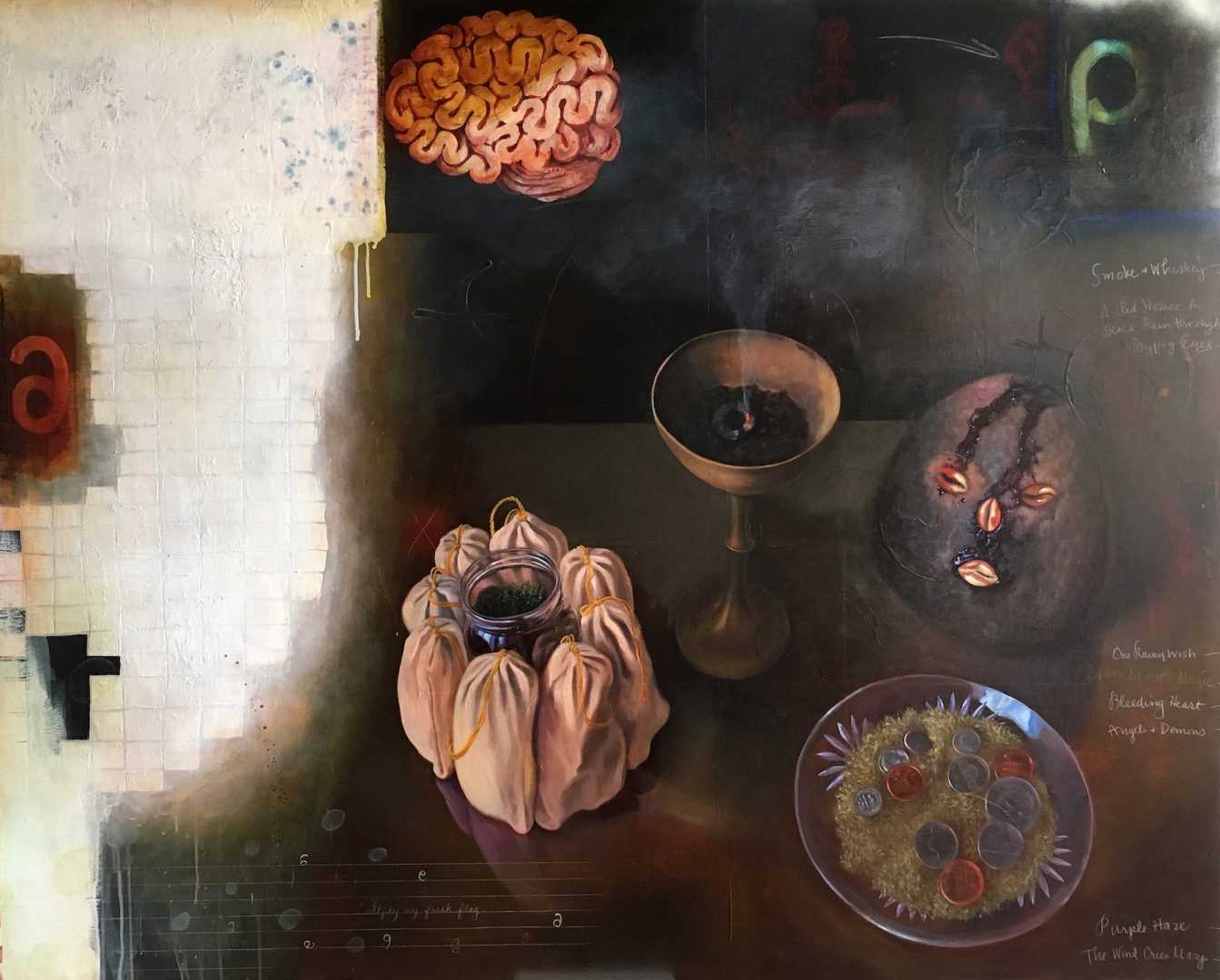 Renée Stout, When 6 IS 9 (for Jimi Hendrix), 2018, Oil, acrylic and latex paint on panel, 48 x 60 inches, Photo by the artist
