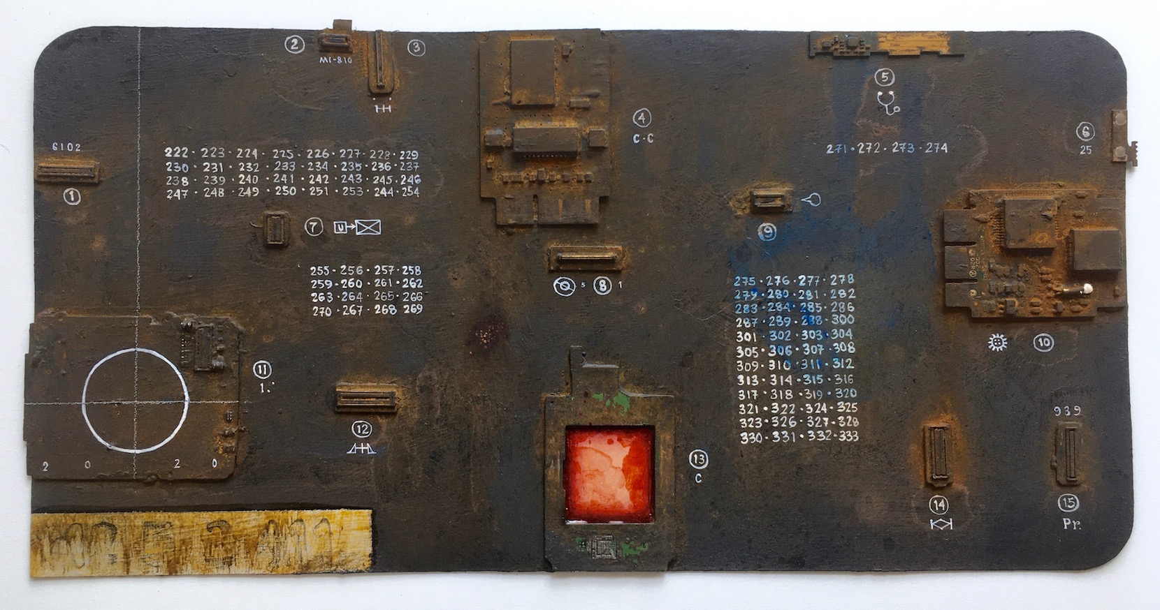 Renée Stout, Mnemonic Device (Memory Board), 2020, Acrylic paint, rust patination and found circuitry on paper, 6 ¼ x 12 inches, Photo by artist