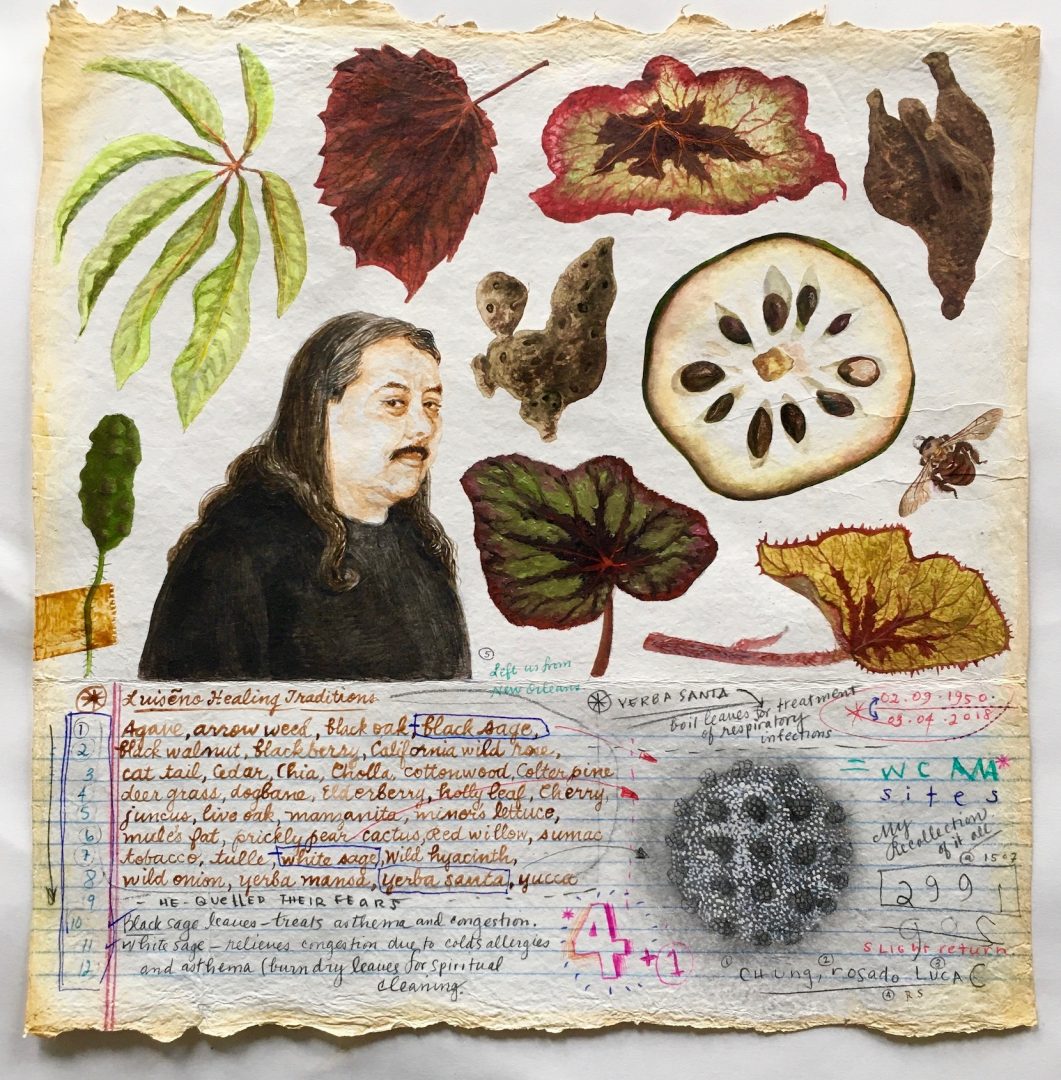 Renée Stout, Botanical Illustration #3 (the Herbmaster, James Luna), 2020, Oil and acrylic paint and mixed media on handmade paper, 12 x 11 ½ inches, Photo by the artist