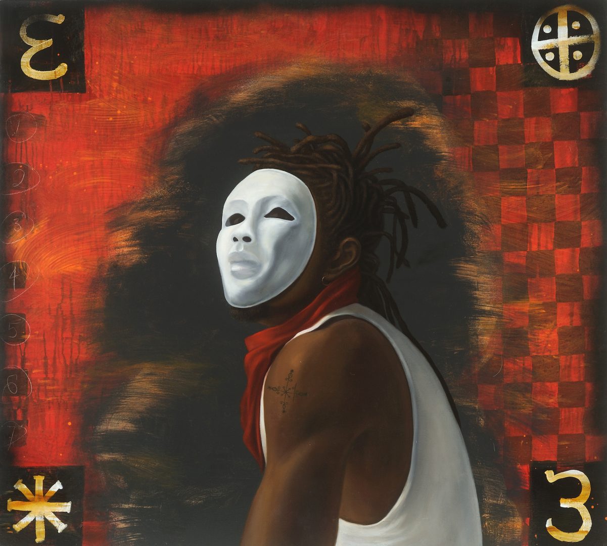 Renée Stout, Guardian of the Gate/Master of the Game
2018, 36 x 40, Oil and acrylic paint on panel, Photo courtesy of Hemphill Artworks
