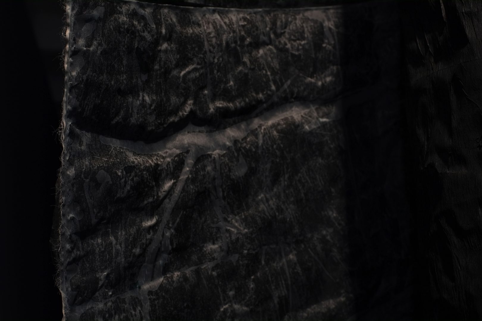 … these moments are spent in listening to her silences and seeing her invisibility (2020), paper on cloth, bark cloth and metal rods, photographs by Arthur Debert