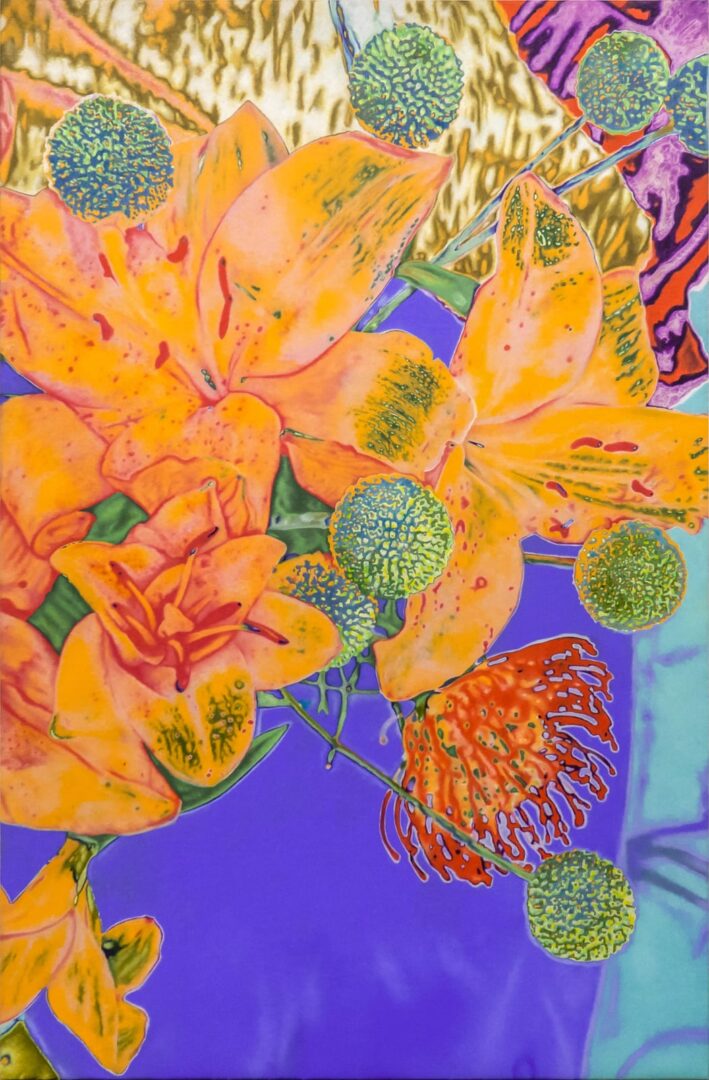 MARTINE POPPE 7 Martine Poppe: Naked in the sand, 2023, oil on polyester restoration fabric
160 x 105 cm ||A flower challenging a rock, 2022 oil on polyester restoration fabric
160 x 105 cm